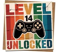Level 14 Unlocked Gamer Birthday Card - 145mm x 145mm Square - Retro Controller Design - Teen Boys Girls Son Daughter - Includes Kraft Envelope