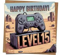 Level 15 Gamer Birthday Card - 15th Birthday Video Game Controller Design, Funny Happy Birthday for Boys Girls, 145mm x 145mm Square Card with Kraft Envelope