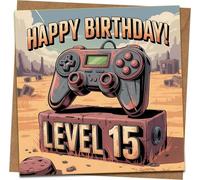Level 15 Gamer Birthday Card - Happy Birthday Video Game Controller Design, 145mm x 145mm, Blank Inside, Includes Kraft Envelope - 15th Birthday Card for Boys, Teens, Son, Grandson