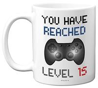 15th Birthday Gamer Gift - Level 15 Gamer Mug, 15th Birthday Gifts, 11oz Dishwasher Safe Coffee Mugs Cup, Birthday Gifts for Boys or Girls, Retro Video Game, Novelty Mug, Gaming Gifts for Him or Her