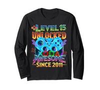 Level 15 Unlocked Awesome Since 2011 15th Birthday Gaming Long Sleeve T-Shirt