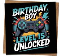 Level 15 Unlocked Birthday Card for Boys - Gamer Controller Design, 15th Birthday Gaming Greeting, 145mm x 145mm Square Card with Kraft Envelope