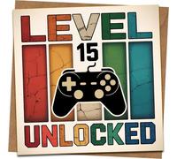 Level 15 Unlocked Birthday Card - Gamer Controller Design, Video Game Teen Boy Gift, 145mm x 145mm Square Greeting Card with Kraft Envelope