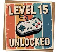 Level 15 Unlocked Birthday Card - Gamer Retro Controller Design, Funny 15th Birthday for Boys Girls Teens, 145mm x 145mm Square Greeting Card with Kraft Envelope