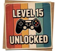 Level 15 Unlocked Birthday Card - Retro Gamer Controller, 145mm x 145mm Square Greeting Card with Kraft Envelope - 15th Birthday for Boys Girls Teens Son Daughter