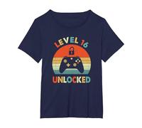 Level 16 Unlocked - 16th Birthday Gamer for Boy & Girl Funny T-Shirt, Women's Plus, Navy Blue, 1X