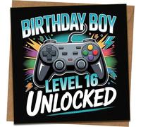 Level 16 Unlocked Birthday Card for Boys - Gamer Controller Design, 145mm x 145mm Square, Includes Kraft Envelope - 16th Birthday Gaming Card for Son, Grandson, Teen