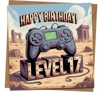 Level 17 Gamer Birthday Card - 17th Birthday for Boys, Son or Grandson, Video Game Controller Design, Funny Happy Birthday - Square 145mm x 145mm Card with Kraft Envelope