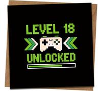 Level 18 Unlocked Birthday Greeting Card, Gamer Video Game Controller Design, 145mm x 145mm, Funny 18th Birthday for Son Daughter Friend, Blank Inside, Includes Kraft Envelope