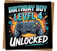 Level 4 Unlocked Birthday Card for Boys - Gamer Controller Design, 145mm x 145mm Square Greeting Card with Kraft Envelope - 4th Birthday Game Theme