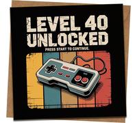 Level 40 Unlocked Birthday Card, Retro Gamer 40th Birthday with Game Controller, Funny Square Card 145mm x 145mm, Includes Kraft Envelope