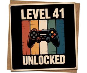 Level 41 Unlocked Birthday Card for Him Gamer Retro Controller, Funny Gaming 41st Birthday Card, 145mm x 145mm, Blank Inside with Kraft Envelope