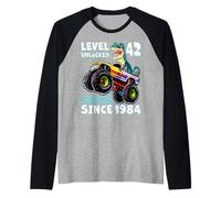 Level 42 Unlocked T-Rex Monster Truck Dinosaur 42nd Birthday Raglan Baseball Tee