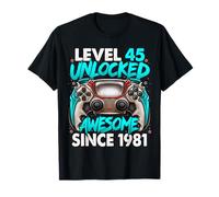 Level 45 Unlocked Awesome Since 1981 45th Birthday Gaming T-Shirt