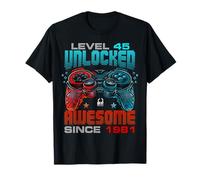 Level 45 Unlocked Awesome Since 1981 45th Birthday Gaming T-Shirt