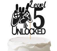 Level 5 Unlocked Cake Topper Black Glitter Video Game Controller Cake Decoration Boy 5th Birthday Cake Decorations Game Themed Party Supplies