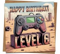 Level 6 Birthday Card - Gamer 6th Birthday Game Controller Design, 145mm x 145mm, Funny Video Game Happy Birthday Card for Boys Girls, Includes Kraft Envelope