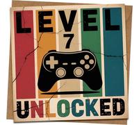 Level 7 Unlocked Birthday Card for Gamer, 7th Birthday Video Game Controller Greeting, Retro Funny Kids Boy Girl Son Grandson, 145mm x 145mm Square Card with Kraft Envelope