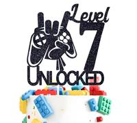 Level 7 Unlocked Cake Topper, Video Game Boys 7th Birthday Cake Decorations, Bruh I'm Seven, Level Up Winner Birthday Party Decoration Supplies, Black Glitter