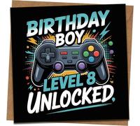 Level 8 Unlocked Birthday Card for Boys - Gamer Video Game Controller Design, 145mm x 145mm Square, Birthday Boy Theme, Includes Kraft Envelope