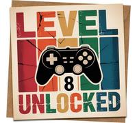 Level 8 Unlocked Gaming Birthday Card for Boys Girls, Retro Gamer Controller, 145mm x 145mm Square Greeting Card with Kraft Envelope, 8th Birthday Video Game Card