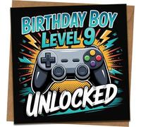 Level 9 Unlocked Birthday Card for Boys - Gamer Controller Design, 145mm x 145mm Square, Funny 9th Birthday Greeting Card with Kraft Envelope