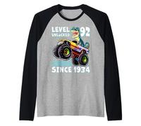 Level 92 Unlocked T-Rex Monster Truck Dinosaur 92nd Birthday Raglan Baseball Tee