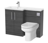 Level Bathroom Bundle Floor Standing Vanity Basin and WC Unit with Pan, Seat and Cistern - Left Hand - Anthracite Woodgrain