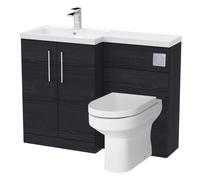 Level Bathroom Bundle Floor Standing Vanity Basin and WC Unit with Pan, Seat and Cistern - Left Hand - Charcoal Black Woodgrain