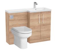 Balterley Vanity Unit with Basin, WC Unit with Toilet Pan, Seat, Cistern, Floor Standing 2 Door Soft Close Vanity, Toilet Pan with Soft Close Seat, Right Hand Bathroom Sink Storage (Bleached Oak)