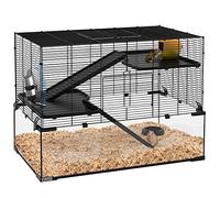 Level Hamster Habitat Cage, Small Hamster Cage, Rat House, Guinea Pig Cage, Ferret Cage, Small Animal Cage with Glass Basin, Ramps, Hut, Exercise Wheel, Easy to Clean, Black