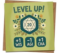 Level Up Birthday Card for Gamers - D20 Dice RPG Design, +1 WIS -1 AGI +1 CHA, Funny Geek TTRPG/DnD Greeting, 145mm x 145mm Square, Kraft Envelope Included