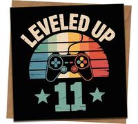 Leveled Up 11th Birthday Card - Retro Video Game Controller Design - 145mm x 145mm Square - Includes Kraft Envelope