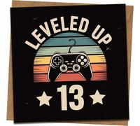 Leveled Up 13 Gamer Birthday Card, 145mm x 145mm, Retro Game Controller Design, Funny 13th Birthday for Boys Girls Teens, Blank Inside, Kraft Envelope Included