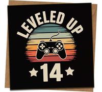 Leveled Up 14 Birthday Card for Gamer - Retro Game Controller Design - Square 145mm x 145mm - Funny 14th Birthday Greeting Card with Kraft Envelope for Boys Girls Teens