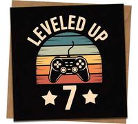 Leveled Up 7 Gamer Birthday Card - 7th Birthday Video Game Controller Retro Design, Boys Kids Son Grandson - Square 145mm x 145mm - With Kraft Envelope
