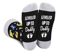 LEVELED UP TO DADDY Socks for Dad Men Husband - Funny Novelty First Fathers Day Birthday Gifts for Him New Dad from Daughter Son - Fun Funky Happy Odd Socks - Gift Ideas Christmas Stocking Fillers