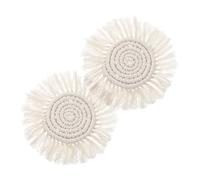 Levemolo 2pcs Beige Woven Rope Placemat Set Round Heart-shaped Cotton Tassel Dining Table Mats Heat-resistant Handwoven Cutlery and Teapot Coasters for Household Decor