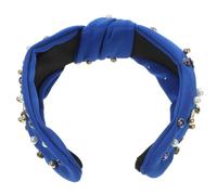 Levemolo Blue Pearl Decorative Headband for Women, Wide Fabric and Metal Bow Hair Accessory, Easy to Wear Stylish Hairband for Weddings and Holidays