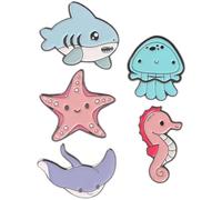Levemolo Sea Creature Brooch Set 5pcs Cartoon Lapel Pins Metal Safety Pins for Handbag Decorations Cute Shark Jellyfish Seahorse