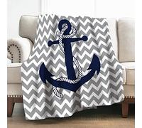 Levens Nautical Anchor Blanket Gifts for Boys Men, Gray and White Chevron Decoration for Home Bedroom Living Room Couch Lounge, Soft Fluffy Lightweight Plush Throw Blankets Twin 60"x80"