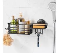 LEVERLOC Modern Black Shower Caddy, Suction Cup Organizer with Hooks & Soap Holder, Rustproof Metal Shower Shelf, Holds Up to 18lbs, Adjustable, Wall Mount for Showers