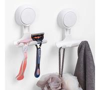 LEVERLOC Razor Holder for Shower 2 Pack, Powerful Suction Cup Shower Hooks for Towel, Loofah, Razor, Squeegee, Damage-Free Wall Hooks, Shaver Holder for Bathroom, Easy to Install and Reuse, White