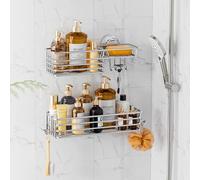 LEVERLOC Shower Caddy Suction Cup, 2 Pack Heavy Duty Bathroom Organizer for Inside Shower with Hooks & Soap Holder, Removable and Rustproof Silver Bathroom Holder Storage