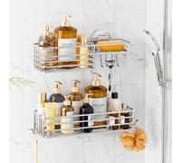 LEVERLOC Shower Caddy Suction Cup, 2 Pack Shower Shelves for Inside Shower with Hooks & Soap Holder, NO-Drilling Bathroom Shower Organizer, Rustproof Meatl Shower Holder Storage, Silver