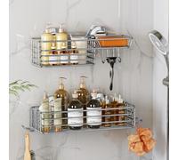 LEVERLOC Shower Caddy Suction Cup, 2 Pack Shower Shelves with Hooks & Soap Holder, Rustproof, Silver
