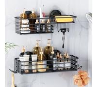 LEVERLOC Shower Caddy Suction Cup, 2 Pack suction shower shelf with Hooks & Soap holder, NO-Drilling Bathroom Holder, Rustproof bathroom organizer, Black
