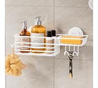 LEVERLOC Shower Caddy Suction Cup, Heavy Duty Bathroom Organizer for Inside Shower with Hooks & Soap Holder， NO-Drilling Bathroom Shower Holder-White