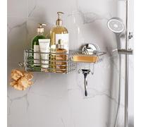 LEVERLOC Shower Caddy Suction Cup, Suction Caddy with Hooks and Soap Holder for Bathroom, No-Drilling Bathroom Shower Organizer, Silver