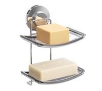 LEVERLOC Soap Dish Soap Holder Suction Cup for Shower Wall Double Layer Drill-Free Waterproof Wall Mount Strong Suction Removable Bar Soap Sponge Holder for Bathroom Bathtub Kitchen, Chromed